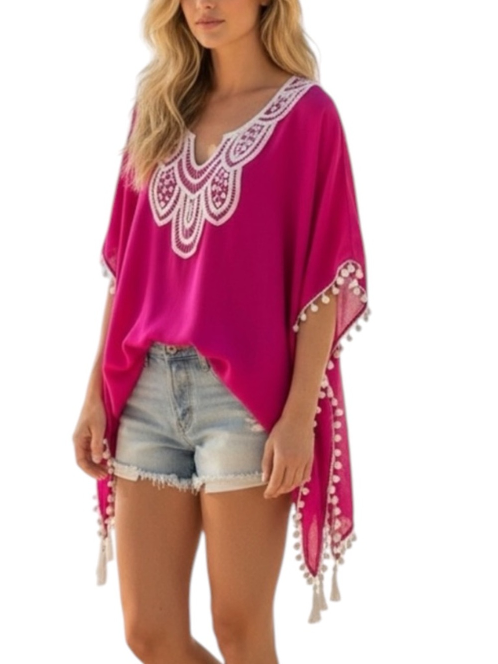 CLUB Z COLLECTION Hot Pink Sheer Kaftan/Swim Cover Up w/ Poms --Flaw